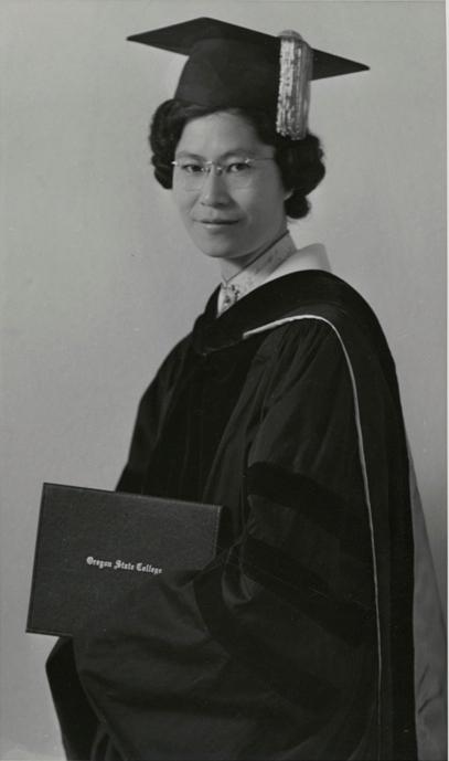 black and white image of Chung Kwai Lui in her graduation gown