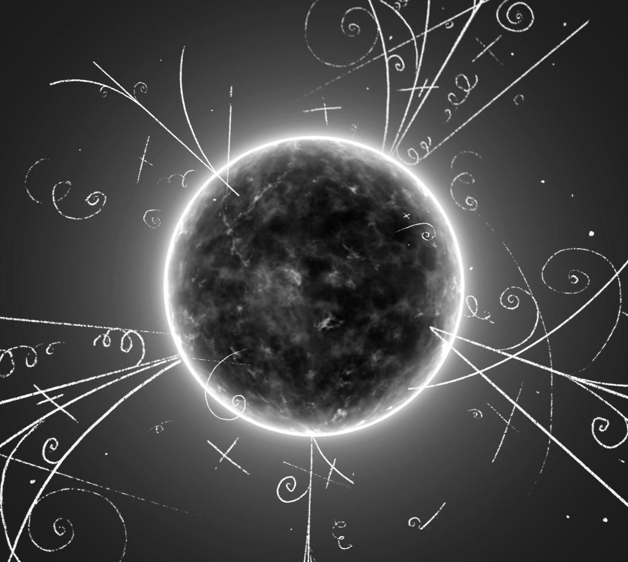 A black and white image of the sun with mathematical shapes coming off of it.