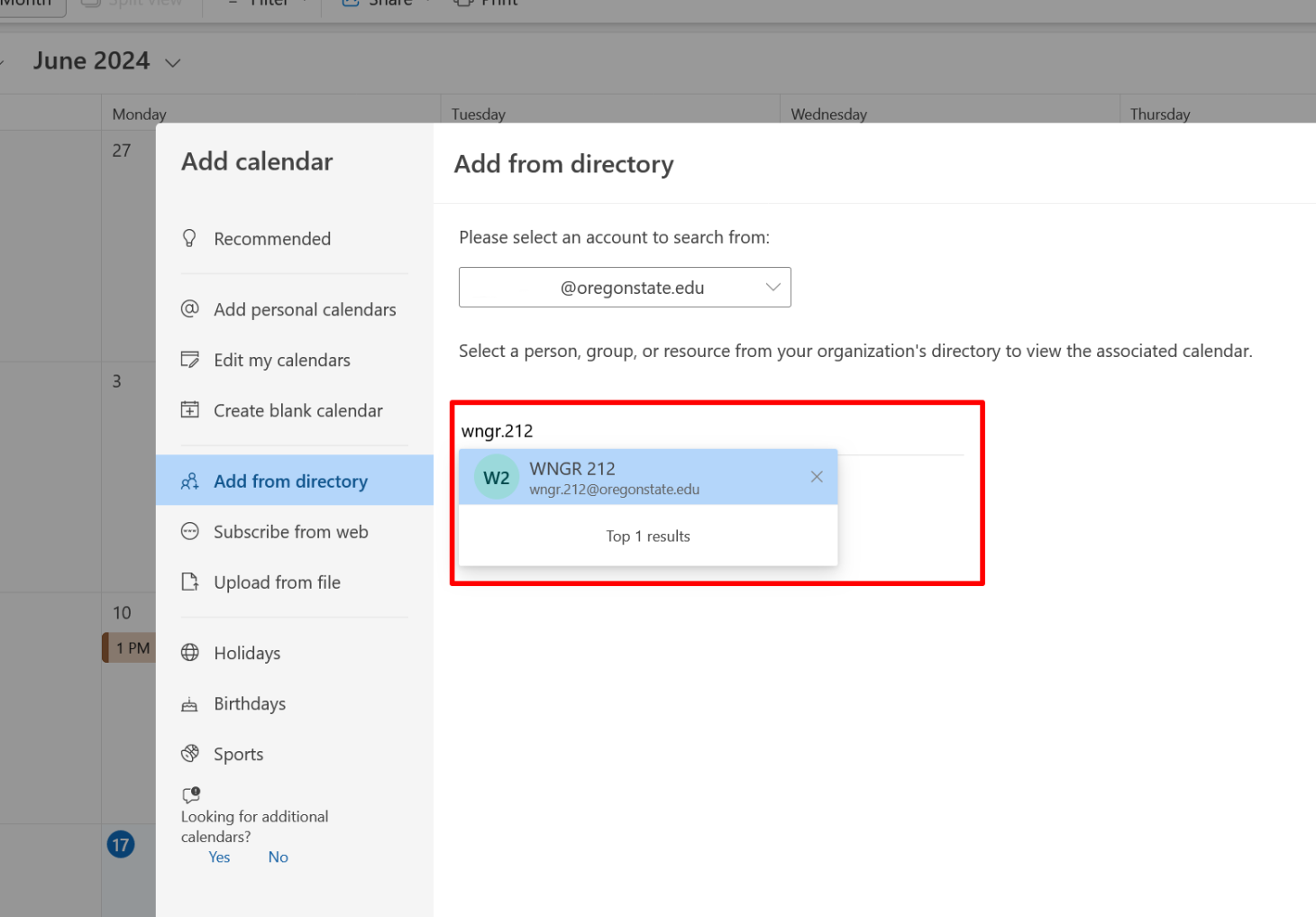 Screenshot of adding Outlook calendar.