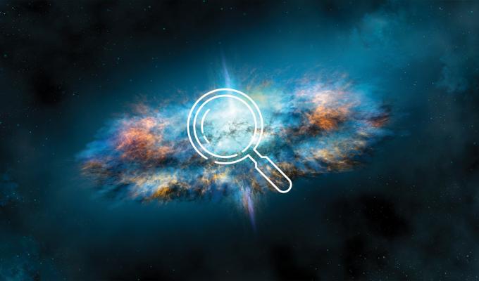 Magnifying glass icon above image of galaxy