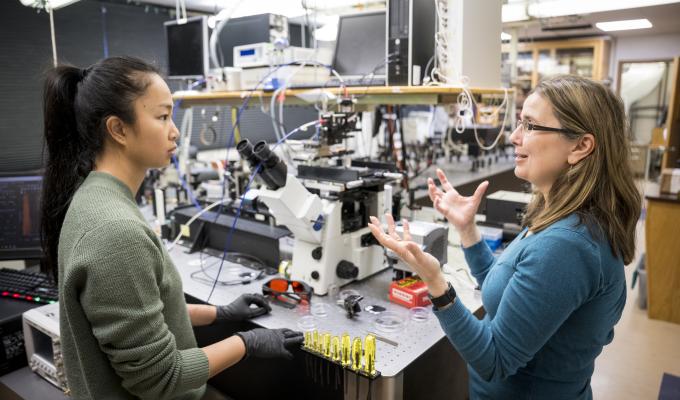 Two women work in a laboratory. 