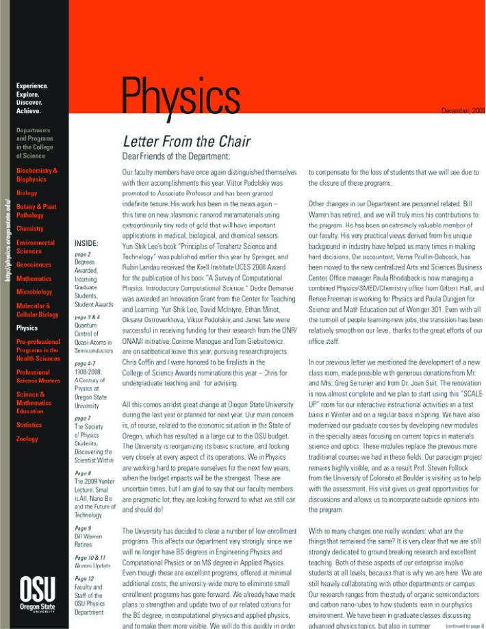Cover for the 2009 Physics newsletter.